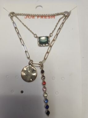 Joe Fresh Gold-Tone Layered Necklaces with Green Stone & Multicolor Crystal Drop